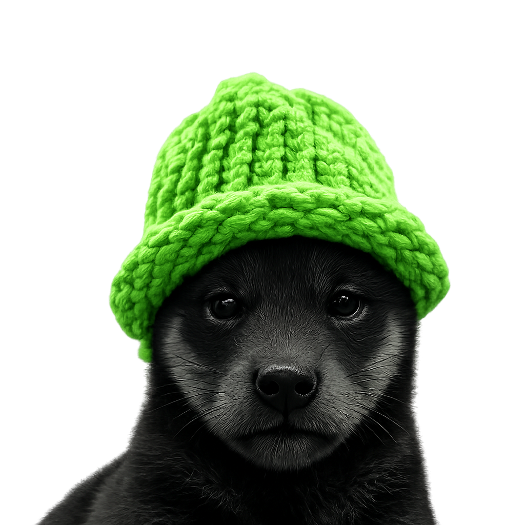 The Black WIF — a black dog wearing a bright green knitted beanie